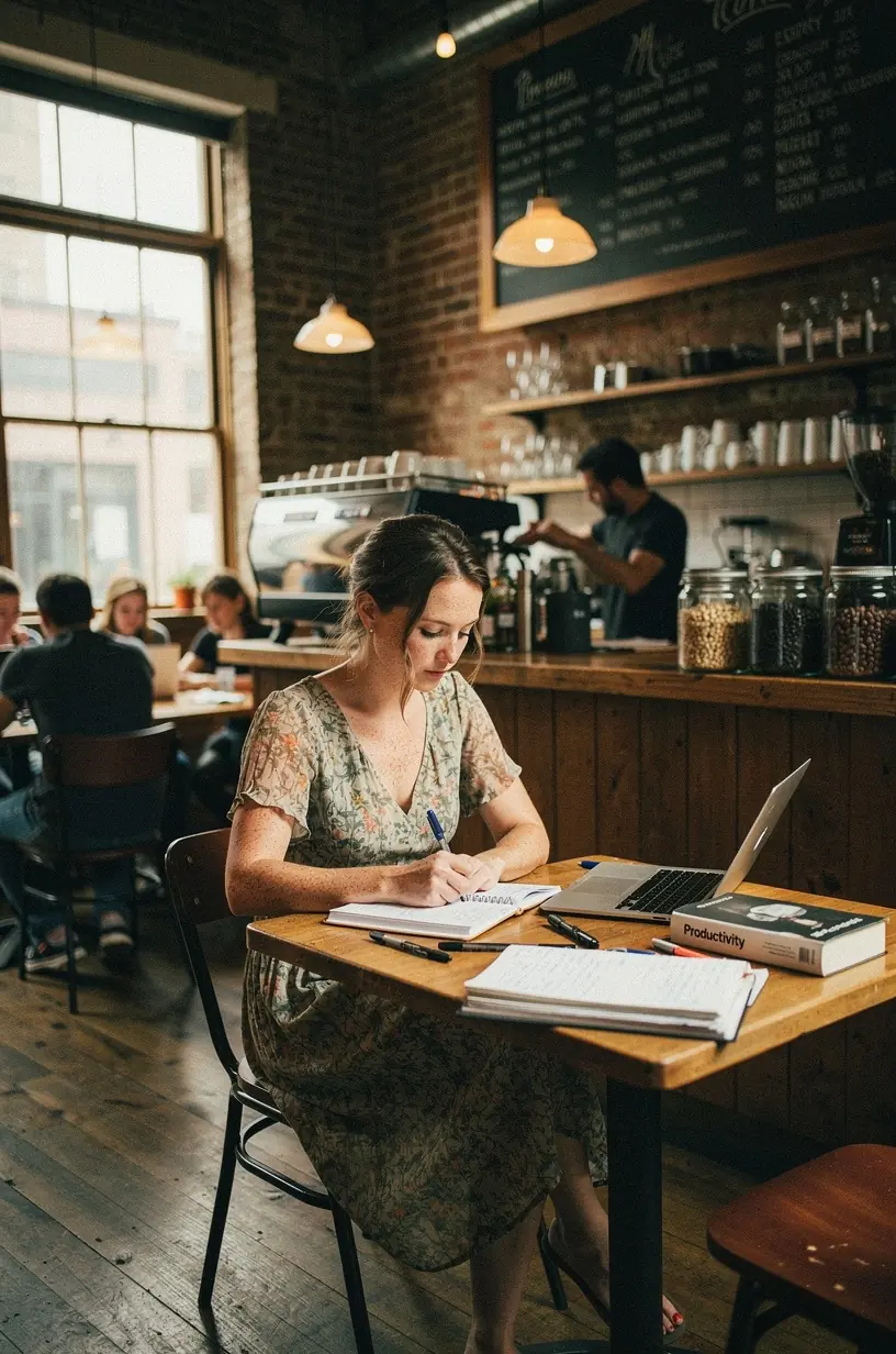 Person organizing tasks in a planner for weekly review.