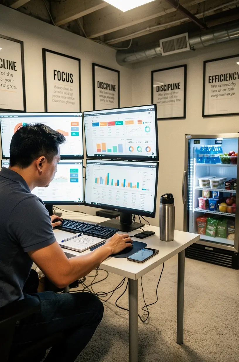 Work-life balance concept with nature and office elements.